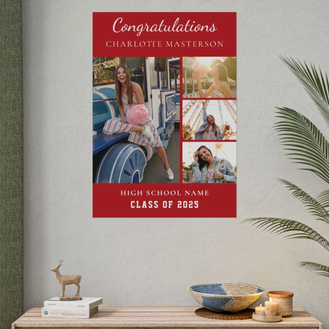 Einfaches Abschluss 2025 FotoCollage Rot Poster (Graduation 2025 4 Photo Collage Red Poster)