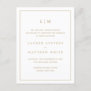 Einfaches Antikes Gold Monogramm Elegante Hochzeit Ankündigungspostkarte