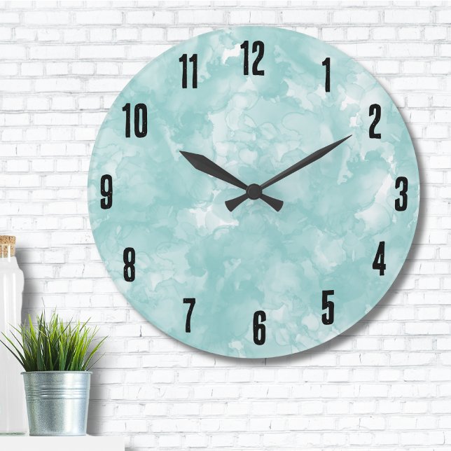 Einfaches Aquamarines Blau Große Wanduhr (Simple Modern Turquoise Teal Blue Watercolor Large Clock)