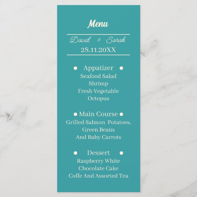 Einfaches Aquamarines Personalisiertes Hochzeitses Menükarte (Vorderseite)