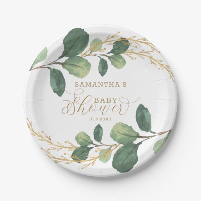 Einfaches Aquarell-Grün-botanische Babyparty Pappteller (Vorderseite)