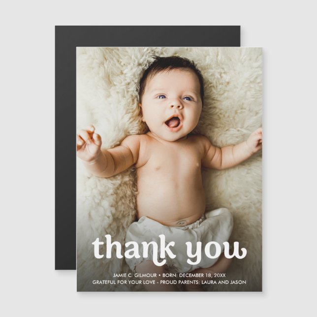 Einfaches Baby-Foto Moderne Typografie Vielen Dank Magneteinladung (Vorne/Hinten)