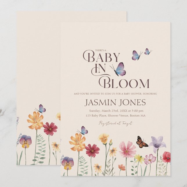 Einfaches Baby in Bloom Wildblume Kinderdusche Einladung (Vorne/Hinten)