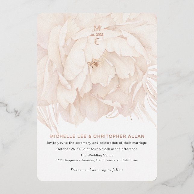 Einfaches Beige, Aquarellpeere, modernes Rosegold Folieneinladung (Vorderseite)
