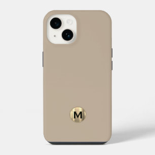 Einfaches Beige gebürstetes Gold-Monogramm iPhone 14 Hülle