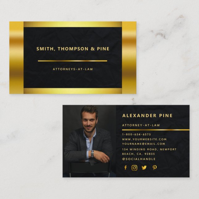 Einfaches Black Gold Beruflich Foto Law Business Visitenkarte (Vorne/Hinten)