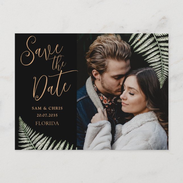 Einfaches Black & Gold Foto Fern Save the Date Ankündigungspostkarte (Vorderseite)