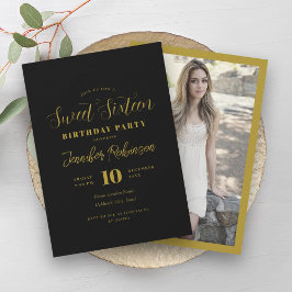 Einfaches Black & Gold Foto Sweet 16 Sechzehn Einladung