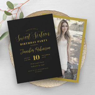 Einfaches Black & Gold Foto Sweet 16 Sechzehn Einladung