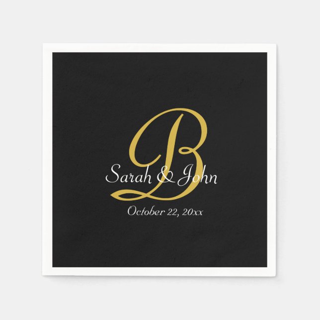 Einfaches Black & Gold Monogramm Hochzeitspapier N Serviette (Vorderseite)