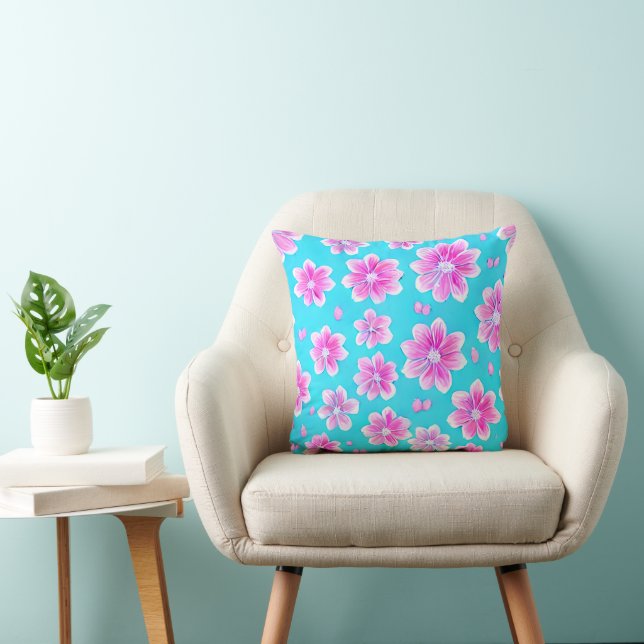 Einfaches Blau und Rosa Blume-Muster Kissen (Stuhl )
