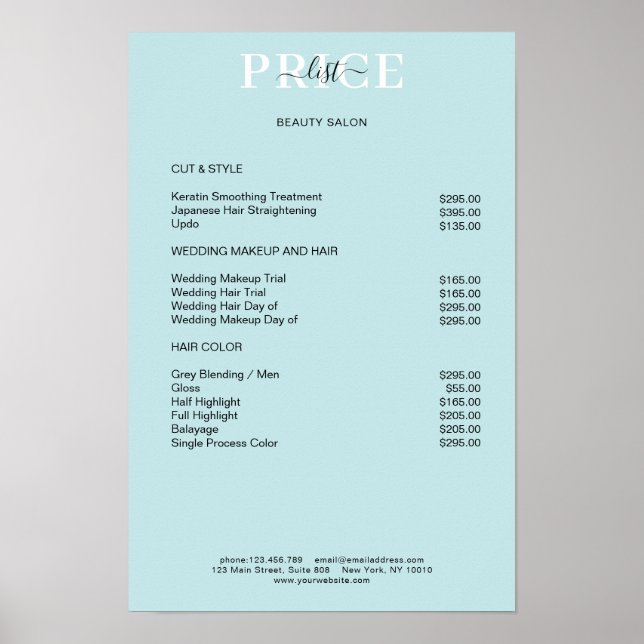 Einfaches blaues Preisliste-Poster Poster (Vorne)
