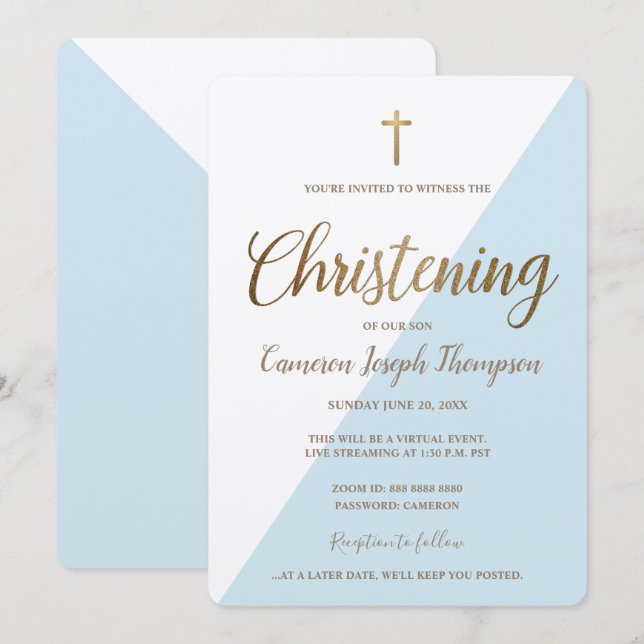 Einfaches Blue White Gold Cross Virtual Christenin Einladung (Vorne/Hinten)