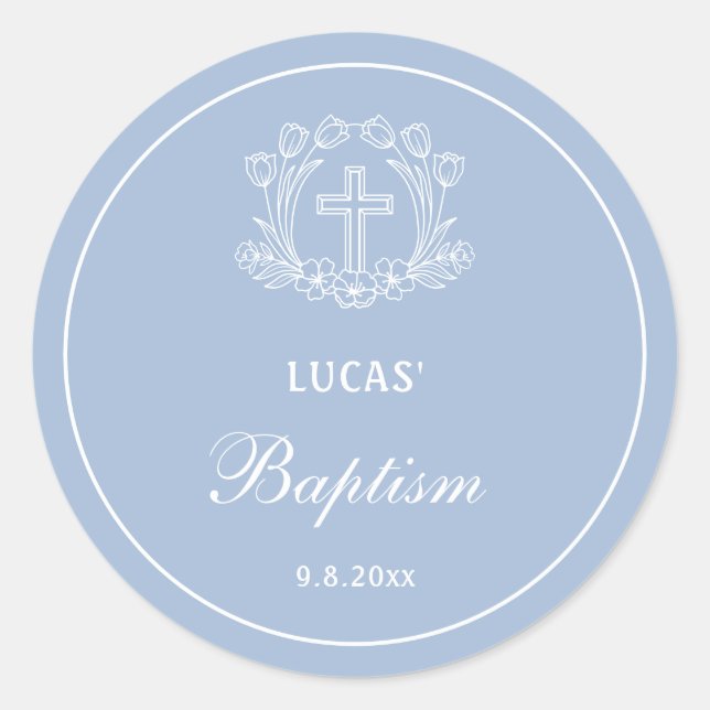 Einfaches Blumenkreuz auf hellblauer Taufe Runder Aufkleber (Vorderseite)