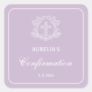 Einfaches Blumenkreuz auf Lilac-Bestätigung Quadratischer Aufkleber