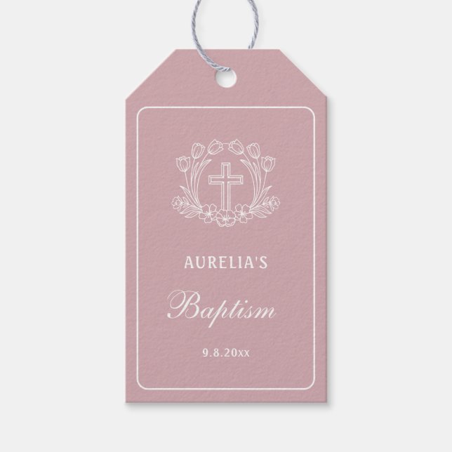 Einfaches Blumenkreuz auf rosa Taufe Geschenkanhänger (Vorderseite)