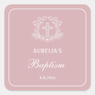 Einfaches Blumenkreuz auf rosa Taufe Quadratischer Aufkleber