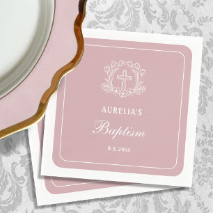 Einfaches Blumenkreuz auf rosa Taufe Serviette
