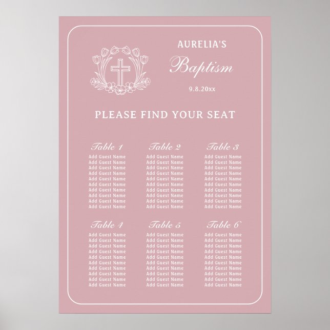 Einfaches Blumenkreuz auf rosa Taufe Sitzkarte Poster (Vorne)