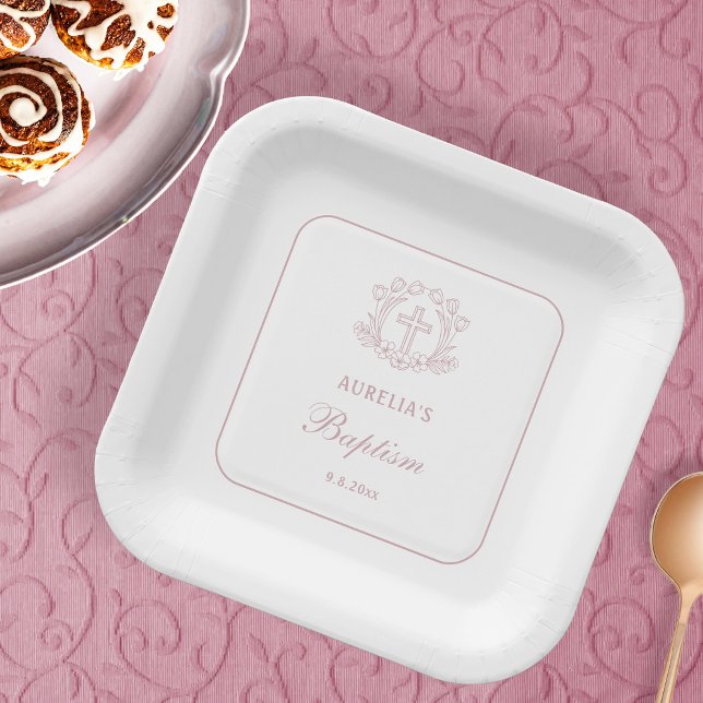 Einfaches Blumenrosa Taufplatz Pappteller (Von Creator hochgeladen)