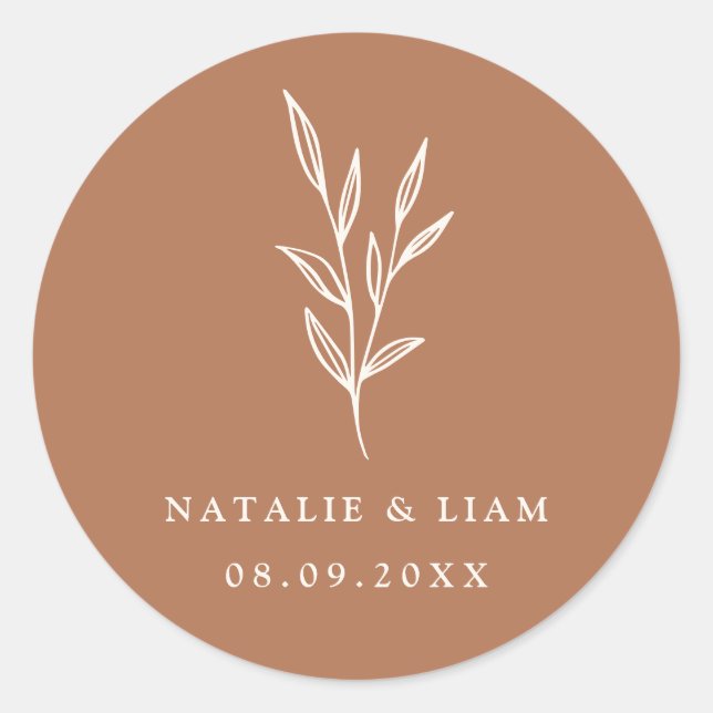 Einfaches botanisches Burnt Orange Wedding Classic Runder Aufkleber (Vorderseite)