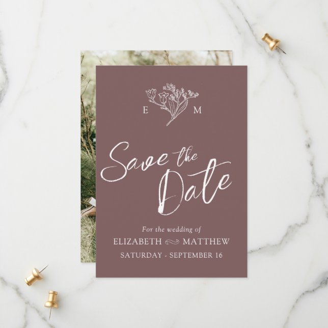Einfaches, braunes Foto der Wildblume Save The Date (Vorderseite/Rückseite Beispiel)