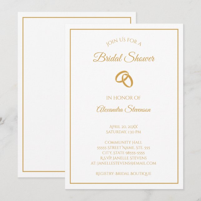 Einfaches Brautparty von White and Gold Wedding Ri Einladung (Vorne/Hinten)