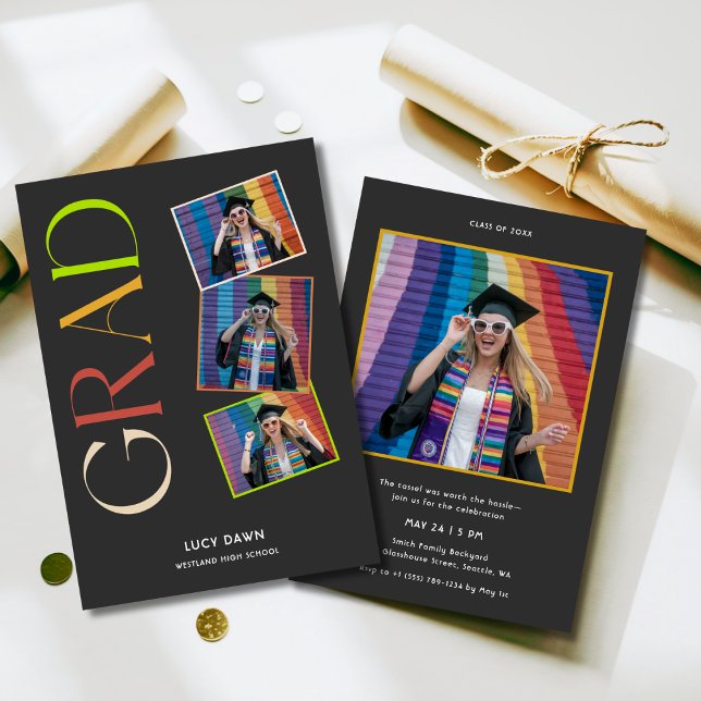 Einfaches Budget 4 Foto Groovy Retro Abschluss Einladung (Von Creator hochgeladen)