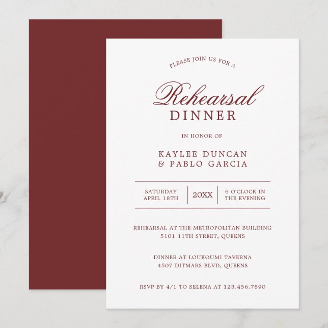 Einfaches Burgundy White Minimalistisch Probe Dinn Einladung (Vorne/Hinten)