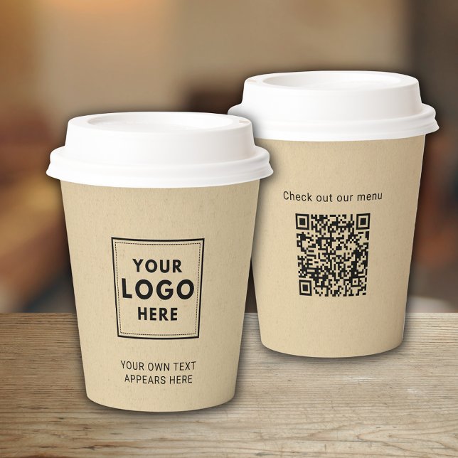 Einfaches Business Logo Kraft Paper Beruflich QR Pappbecher (Simple Business Logo Takeaway coffee cup with custom text and QR code to back.)