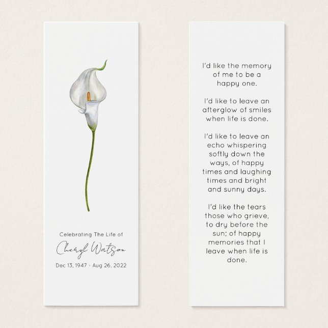 Einfaches Calla-Lilien-Trauer-Lesezeichen (Vorne & Hinten)