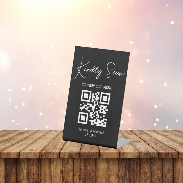 einfaches chic minimale qr Code Hochzeitsmenü schw Sockelschild (Von Creator hochgeladen)