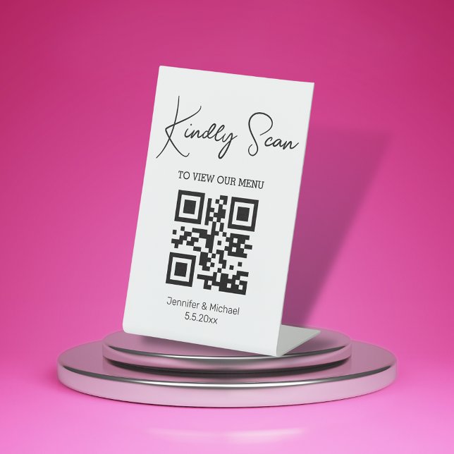 einfaches chic minimale qr Code Hochzeitsmenü Sockelschild (Von Creator hochgeladen)