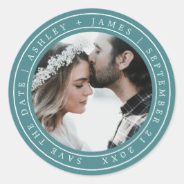 Einfaches Chic Save the Date Wedding Foto Aquamari Runder Aufkleber