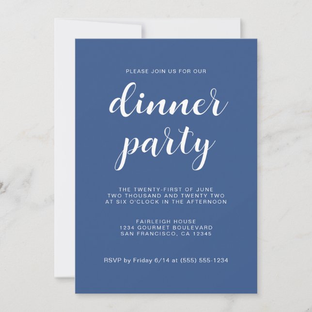 Einfaches Chic Script Classic Blue Dinner Party Einladung (Vorderseite)