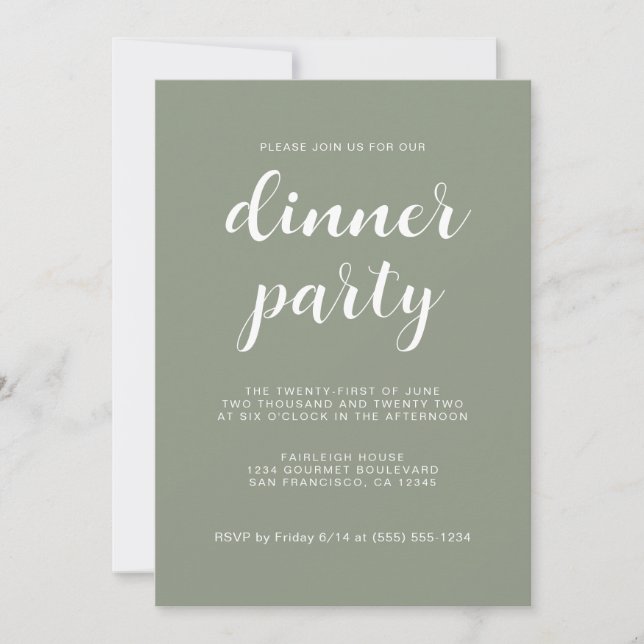 Einfaches Chic Script Sage Green Dinner Party Einladung (Vorderseite)