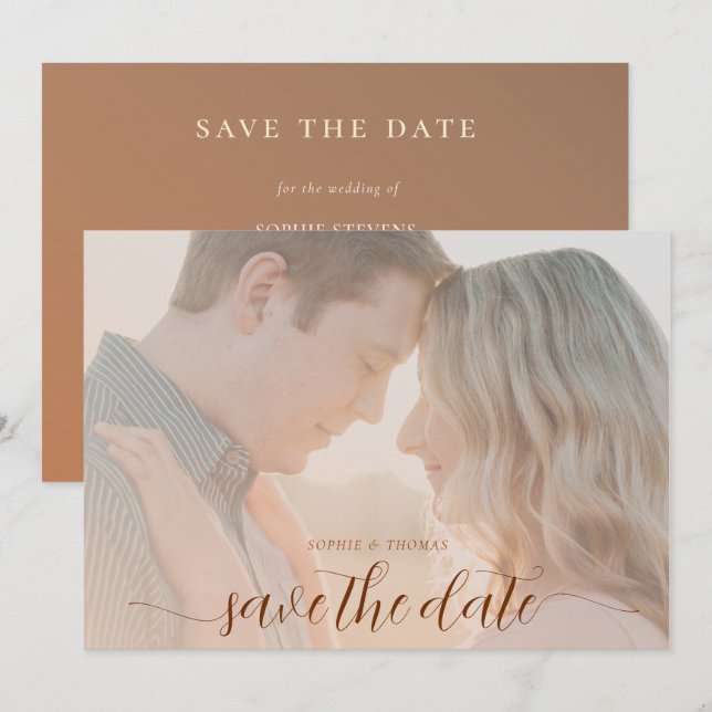 Einfaches Chic Terracotta-Foto Hochzeit Sichern Si Einladung (Vorne/Hinten)