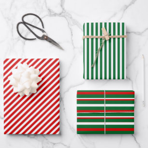Einfaches Chic Weißes Streifenmuster auf Rot und G Geschenkpapier Set