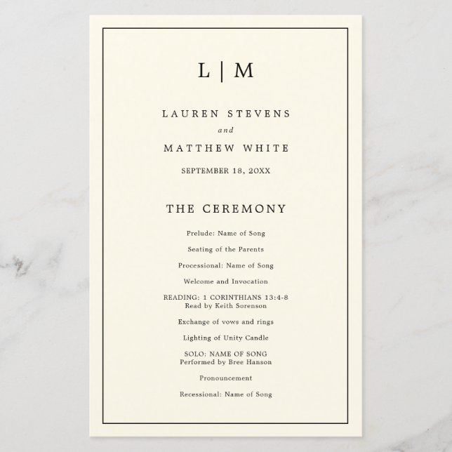 Einfaches Cream Monogram Elegant Wedding Programm (Vorderseite)
