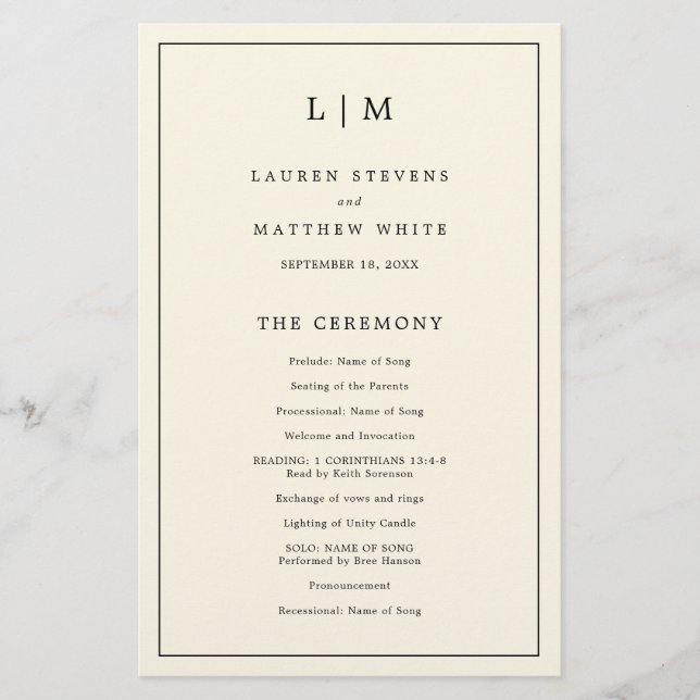Einfaches Cream Monogram Elegant Wedding Programm (Vorderseite)