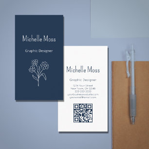 Einfaches Daisy QR-Code Navy Blue Graphic Designer Visitenkarte