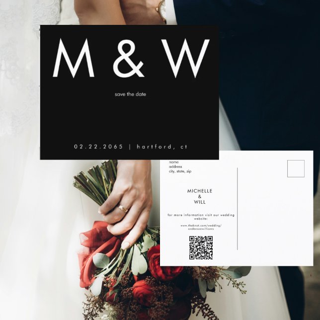 Einfaches Datum für Monogramm B/W QR-Code Rett Ankündigungspostkarte (Von Creator hochgeladen)