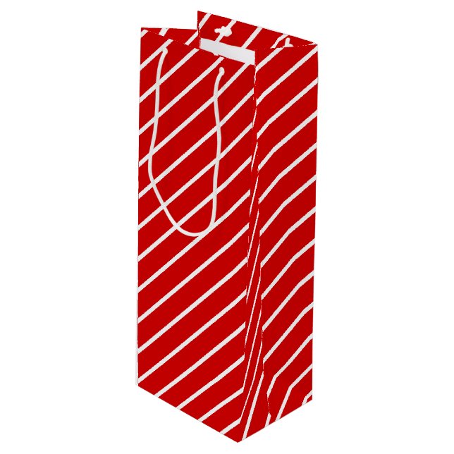 Einfaches, diagonal-weiße Streifen-Muster auf Rot Geschenktüte Für Weinflaschen (Vorderseite Schrägansicht)