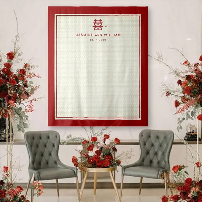 Einfaches doppeltes Glück chinesischer Hochzeitsta Wandteppich (Simple Double Happiness Chinese Wedding Backdrop @ fatfatin_red_knot)