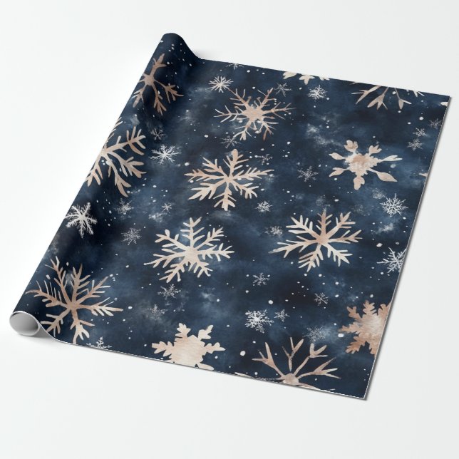 Einfaches dunkles Blau mit Schneeflocken Geschenkpapier (Ungerollt)