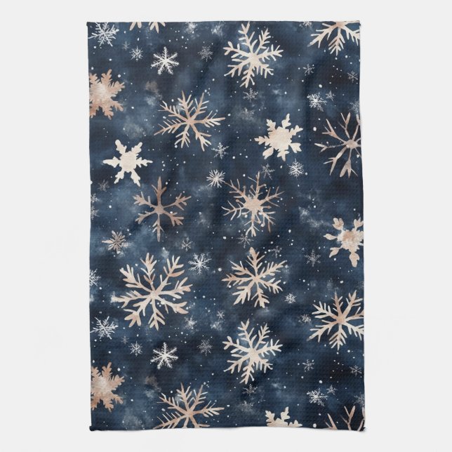 Einfaches dunkles Blau mit Schneeflocken Geschirrtuch (Vertikal)