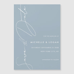 Einfaches Dusty Blue Modern Script Save the Date Magneteinladung