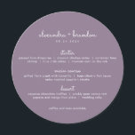 Einfaches Dusty Lilac Round Wedding Menü Menükarte<br><div class="desc">Ein einfaches und modernes,  individualisierbares Rundmenü mit dem Namen des Paares und dem Hochzeitsdatum an der Spitze in modernem staubigen lila und weiß. Ein gepunkteter Backer betont jede Tisch- oder Platzeinstellung für einen formalen Anlass. Diese runden Menüs sehen auf jedem Teller gut aus!</div>