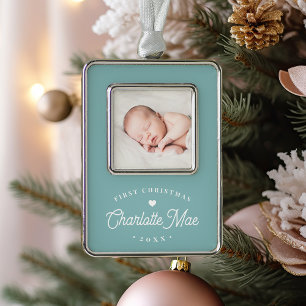 Einfaches Elegant Baby's First Christmas Foto Rahmen-Ornament Silber