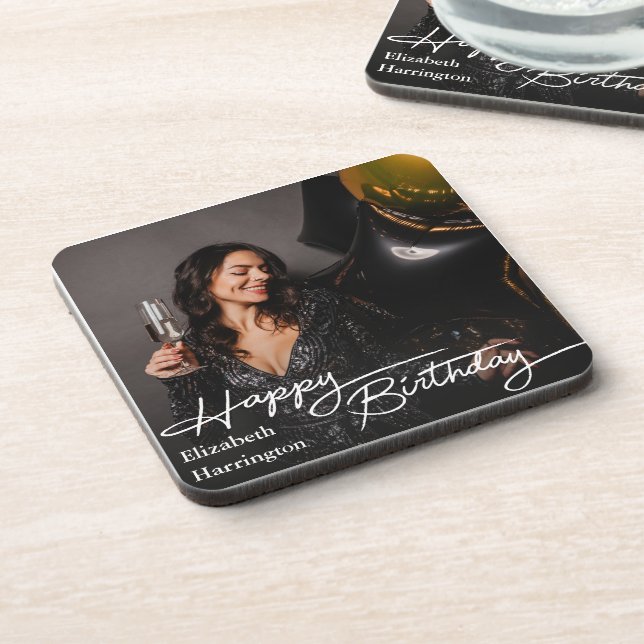 Einfaches Elegant Happy Birthday Foto Getränkeuntersetzer (Linke Seite)